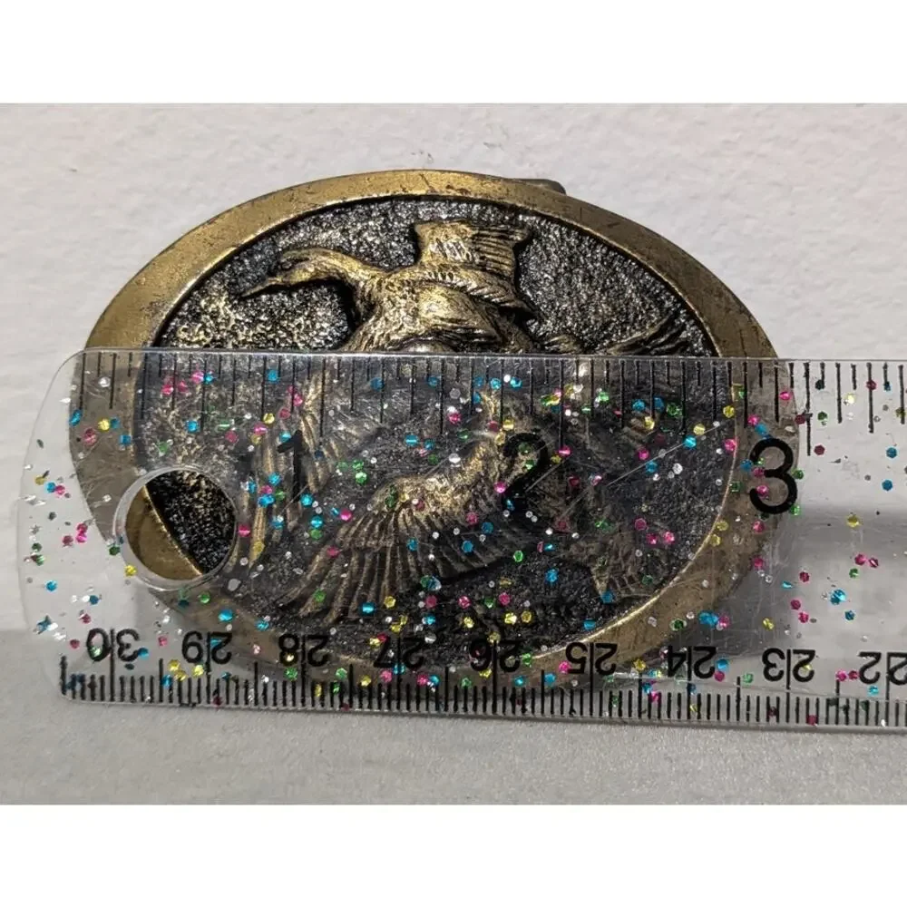 Vintage 1978 David A Bortner Brass Belt Buckle Flying Mallard Ducks Wildlife